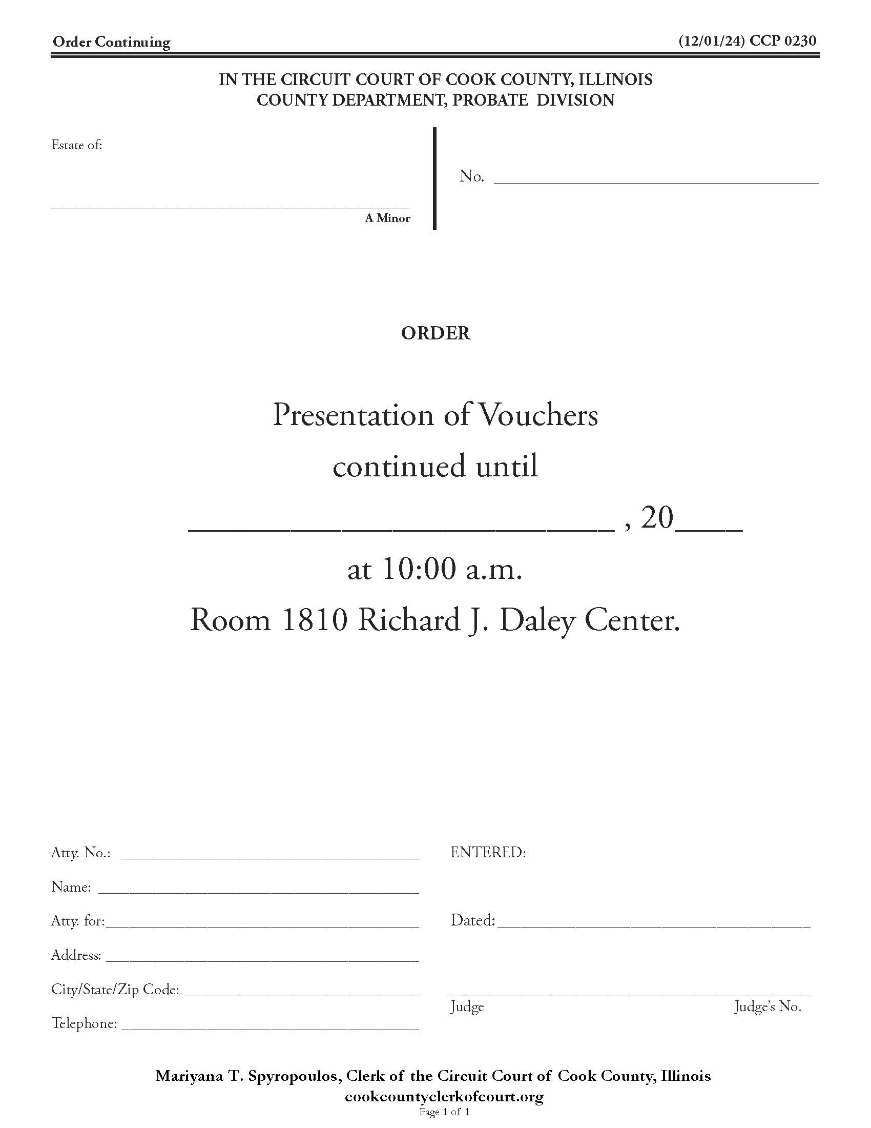 Order Continuing [Presentation Of Vouchers] {CCP 0230} | Pdf Fpdf Docx | Illinois